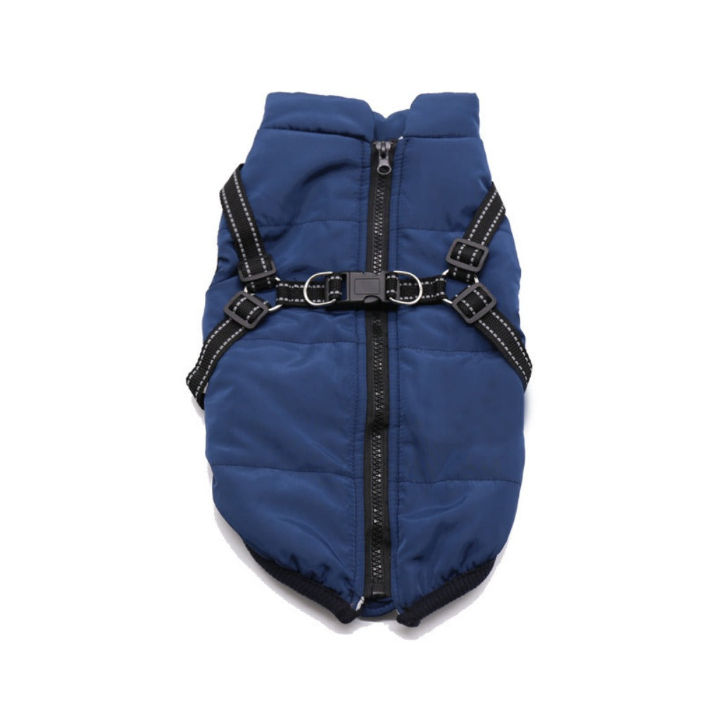 Blauwe hondenjas met tuig, plat neergelegd