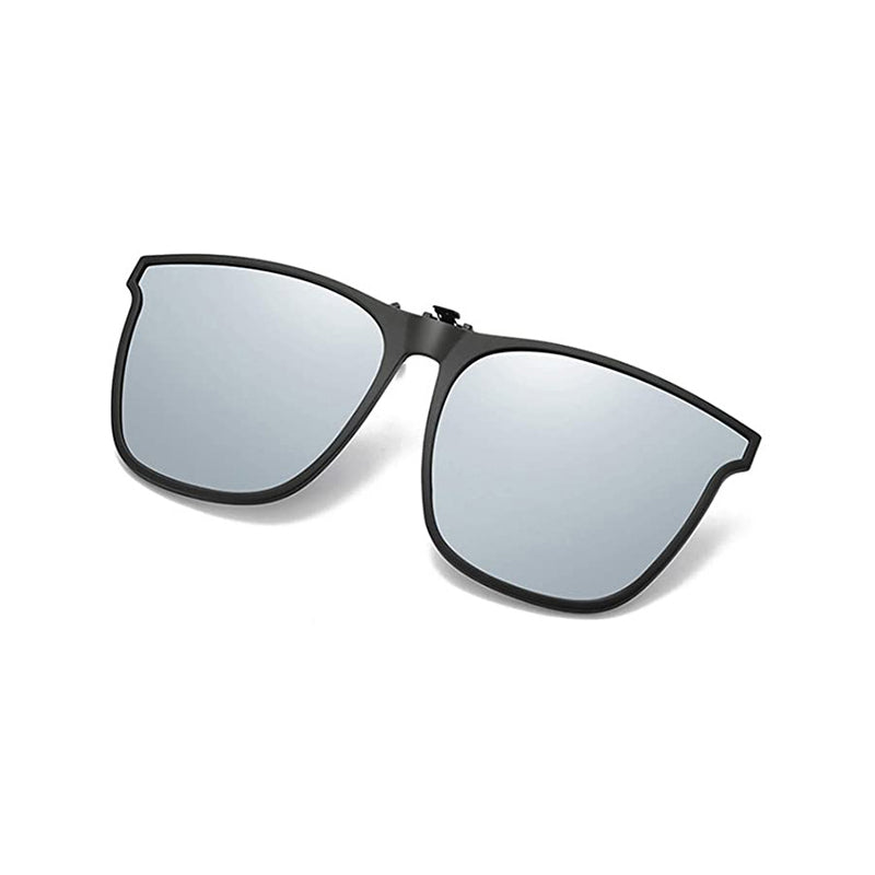 Zwarte opklapbare zonnebrilclip met spiegelende zilverkleurige gepolariseerde glazen, plat liggend | Boutique Moda