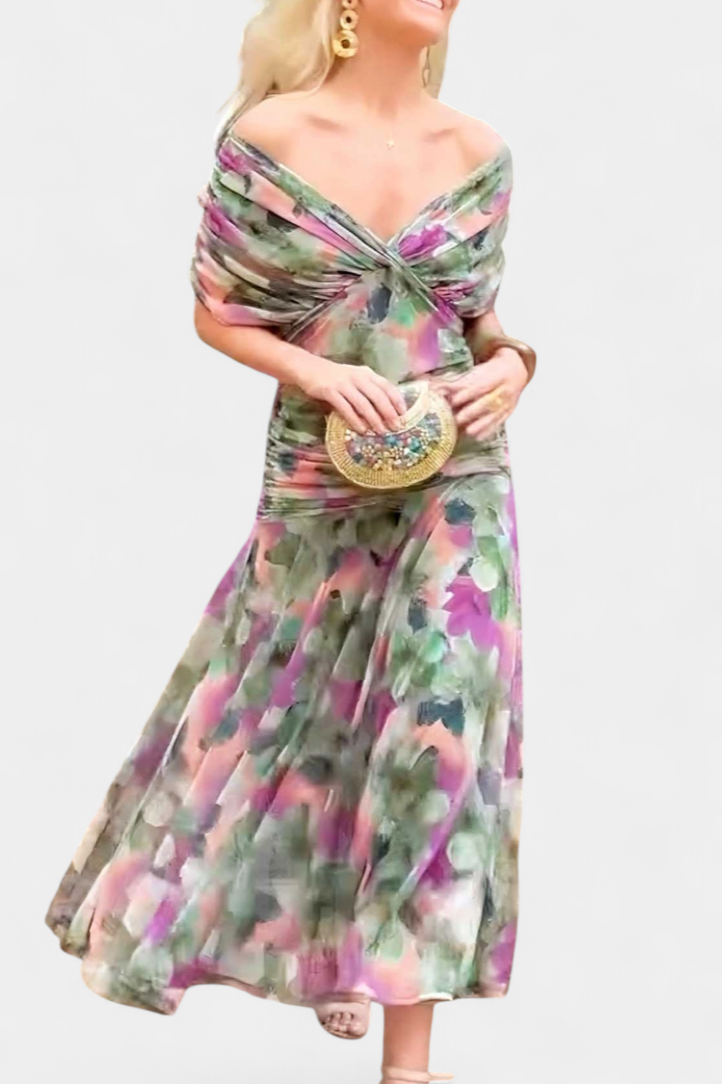 Maxi Jurk Dames | Bloemenprint | Off Shoulder | Gedrapeerde Taille-Boutique Moda