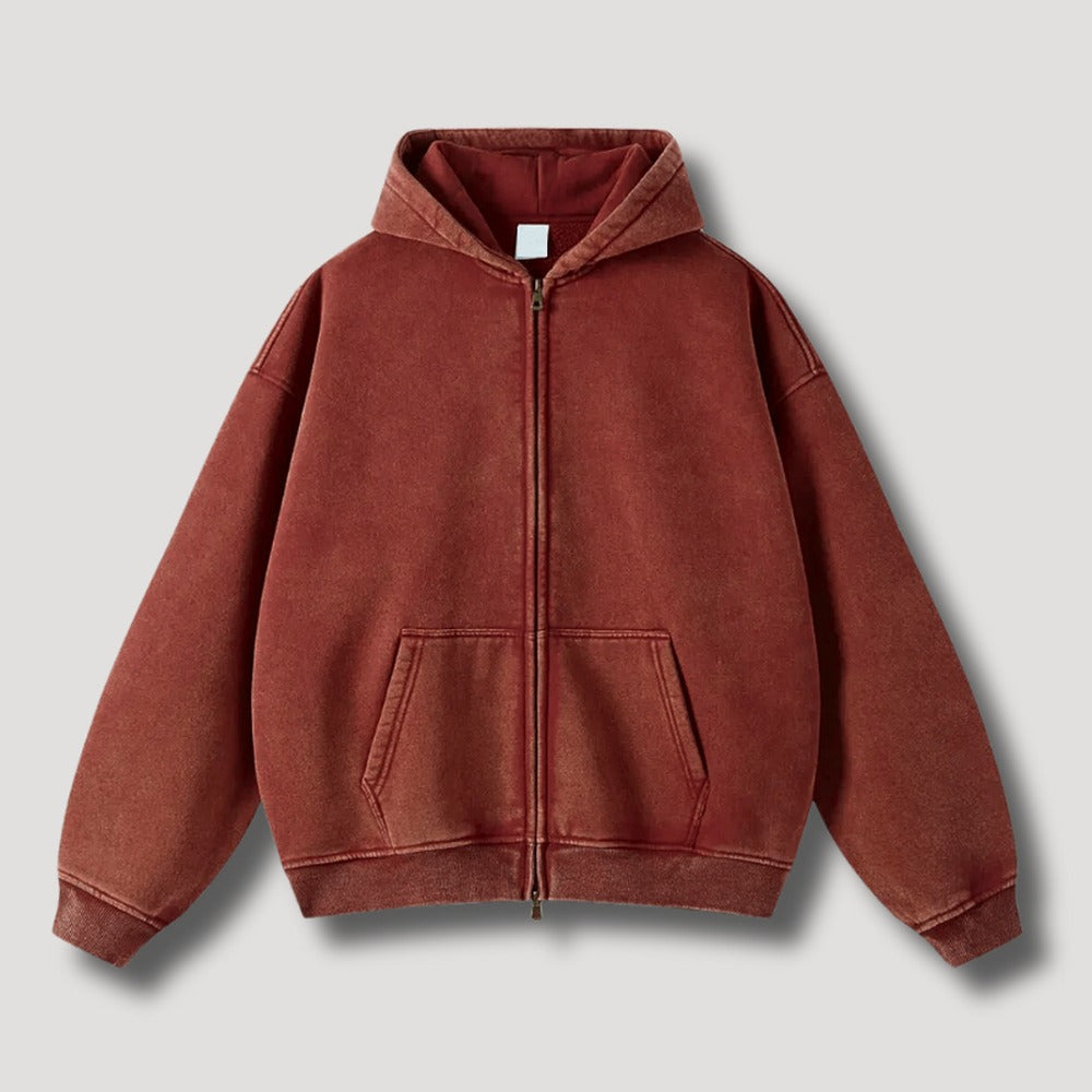 Washed hoodie met rits voor heren in rood, voorkant