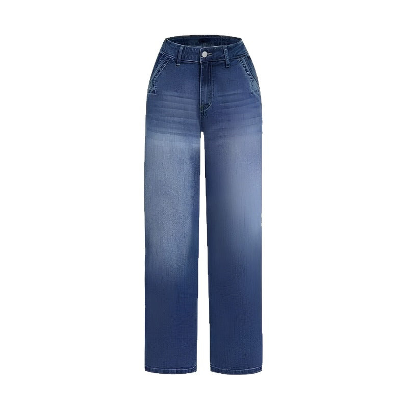 Vintage jeans voor dames in blauw met wijde pijpen, productfoto, voorkant