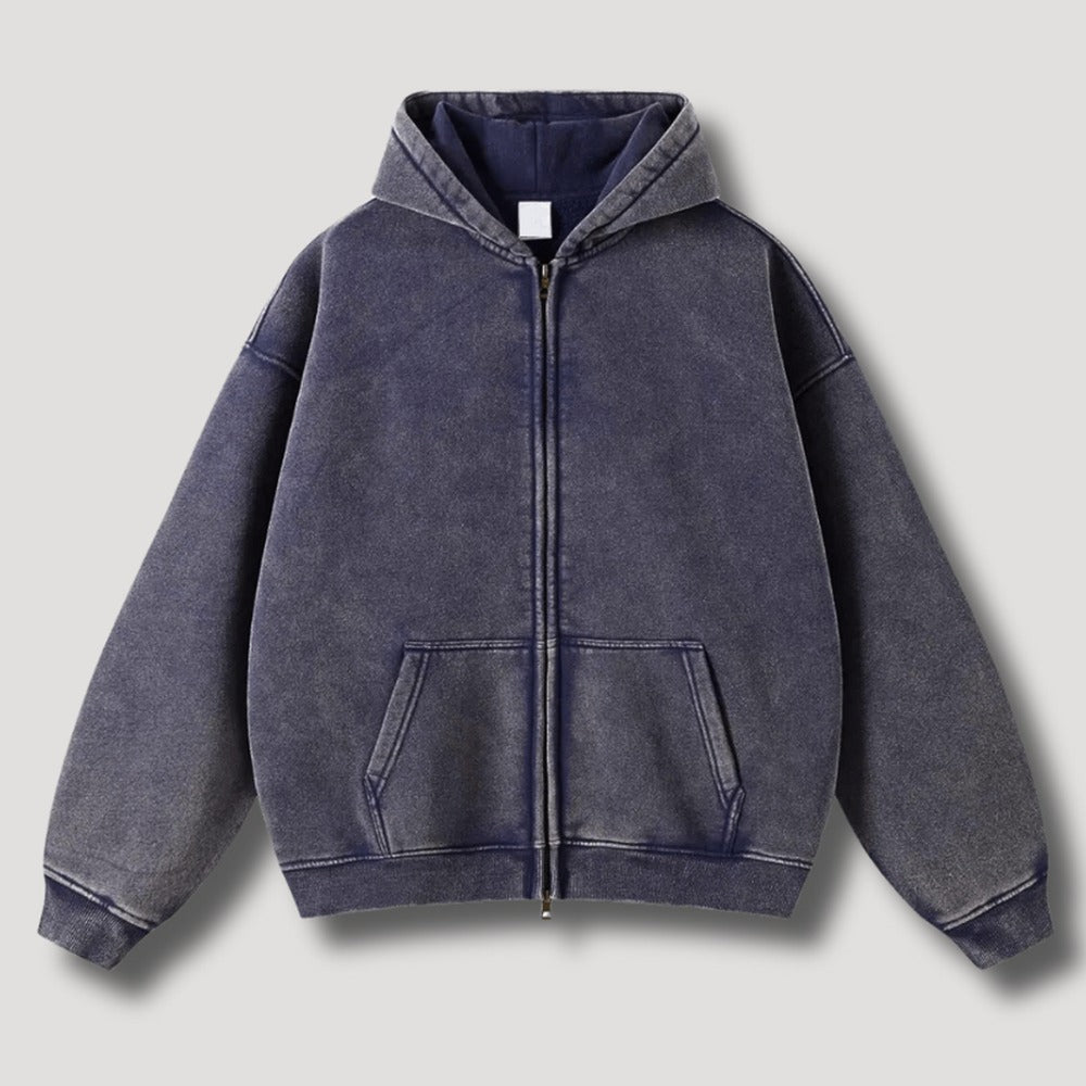 Washed hoodie met rits voor heren in blauw, voorkant