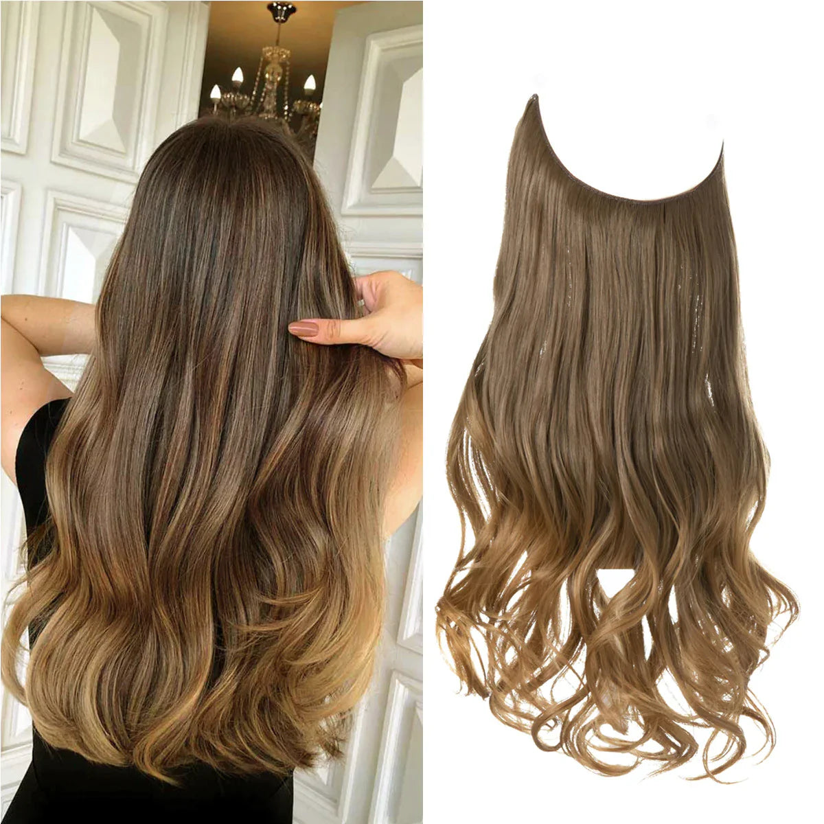 Golvende halo hair extensions in bruin-blonde ombre, naast model met lang haar | Boutique Moda