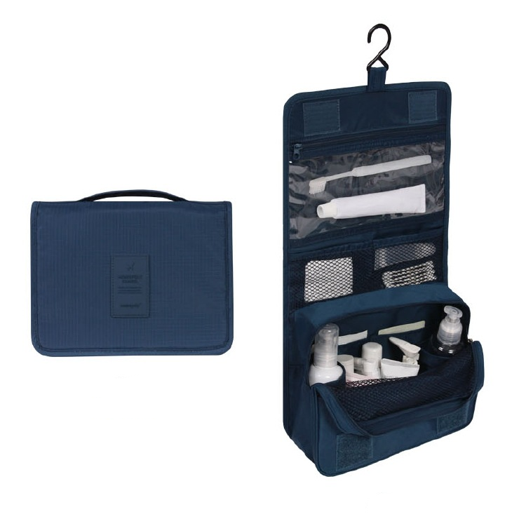 Blauwe opvouwbare toilettas met haak, platliggend en volledig opengeklapt getoond | Boutique Moda