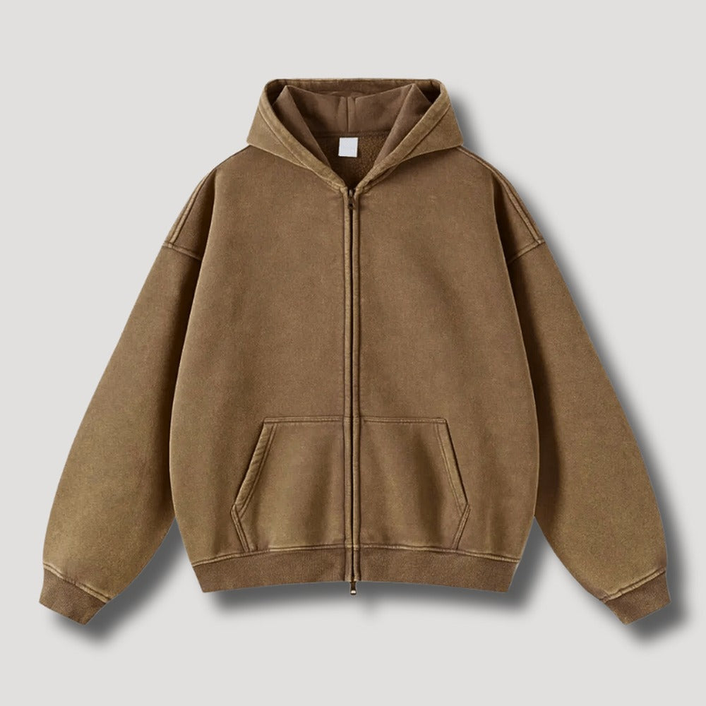 Washed hoodie met rits voor heren in camel, voorkant