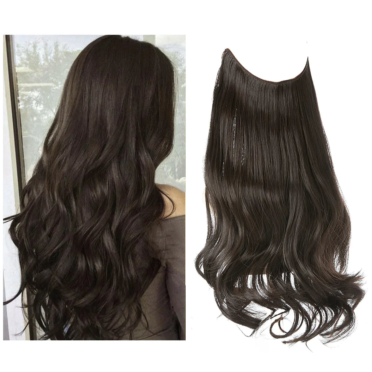 Golvende donkerbruine halo hairextensions, los liggend naast model met gestyled lang haar | Boutique Moda