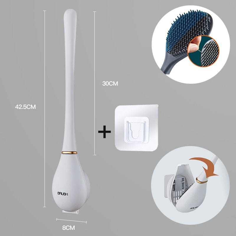 Productdiagram met afmetingen van witte siliconen wc-borstel en wandhouder | Boutique Moda