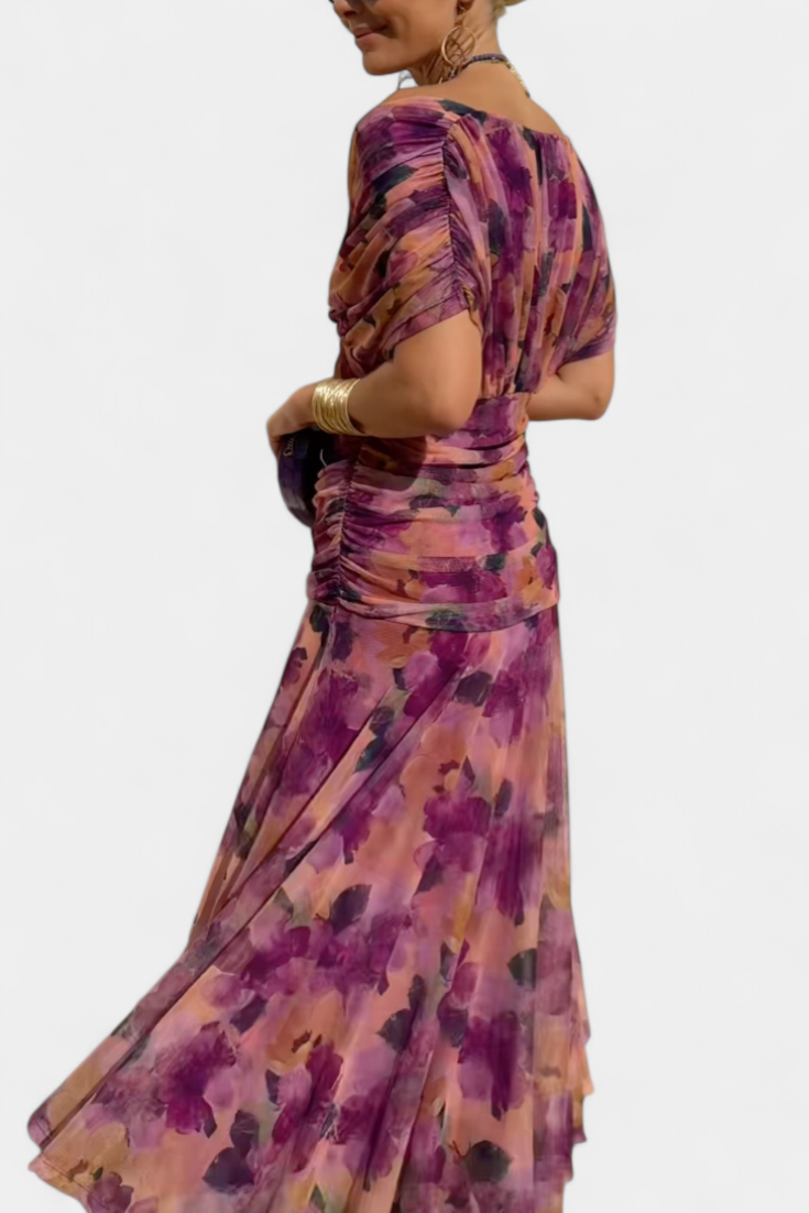 Maxi Jurk Dames | Bloemenprint | Off Shoulder | Gedrapeerde Taille-Boutique Moda