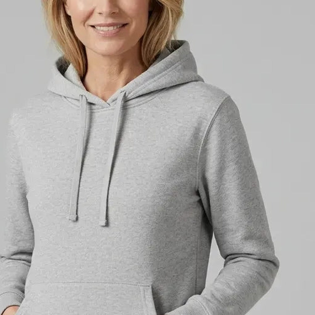 Close-up van de lichtgrijze hoodie: koorden en kangoeroezak | Boutique Moda