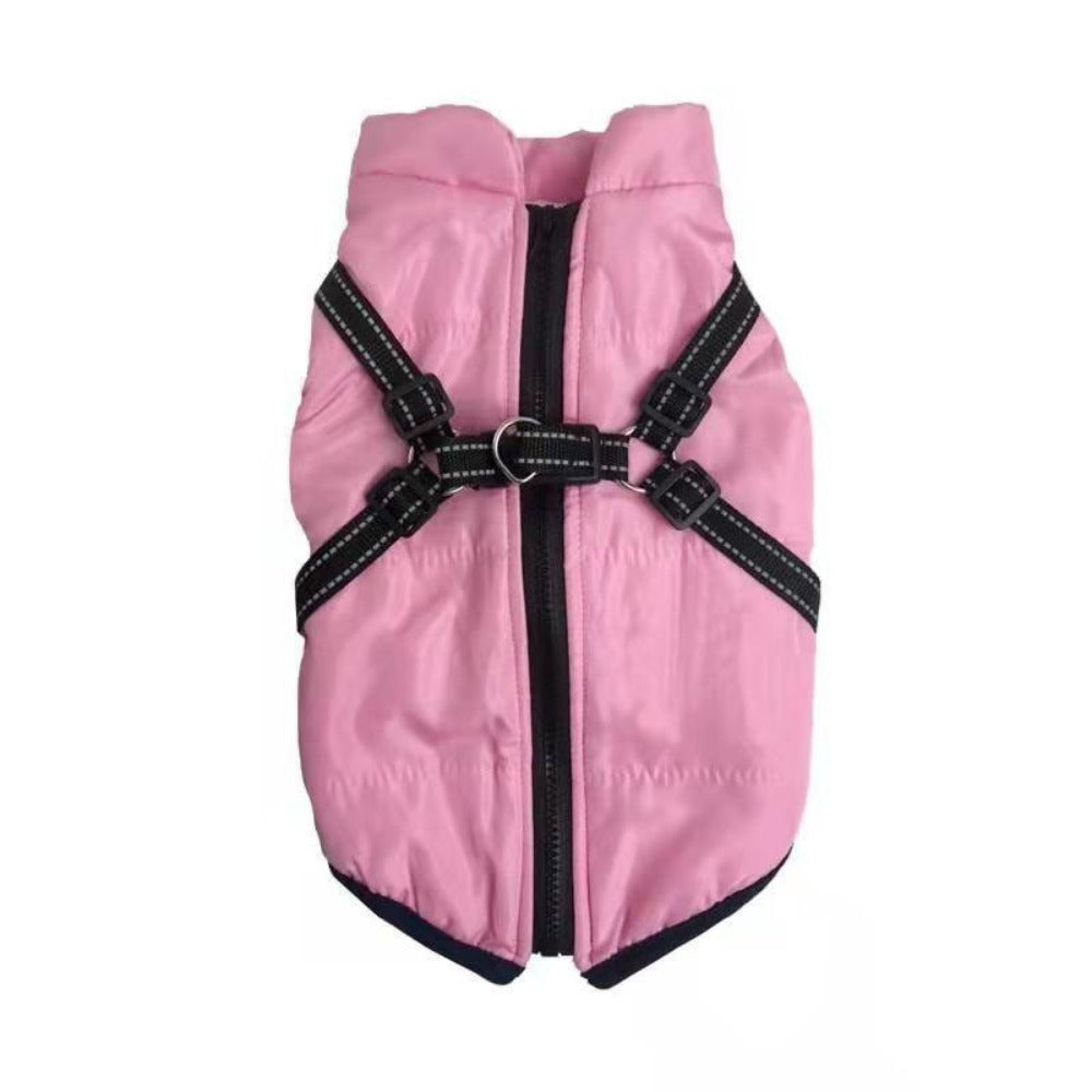 Roze hondenjas met tuig, plat neergelegd
