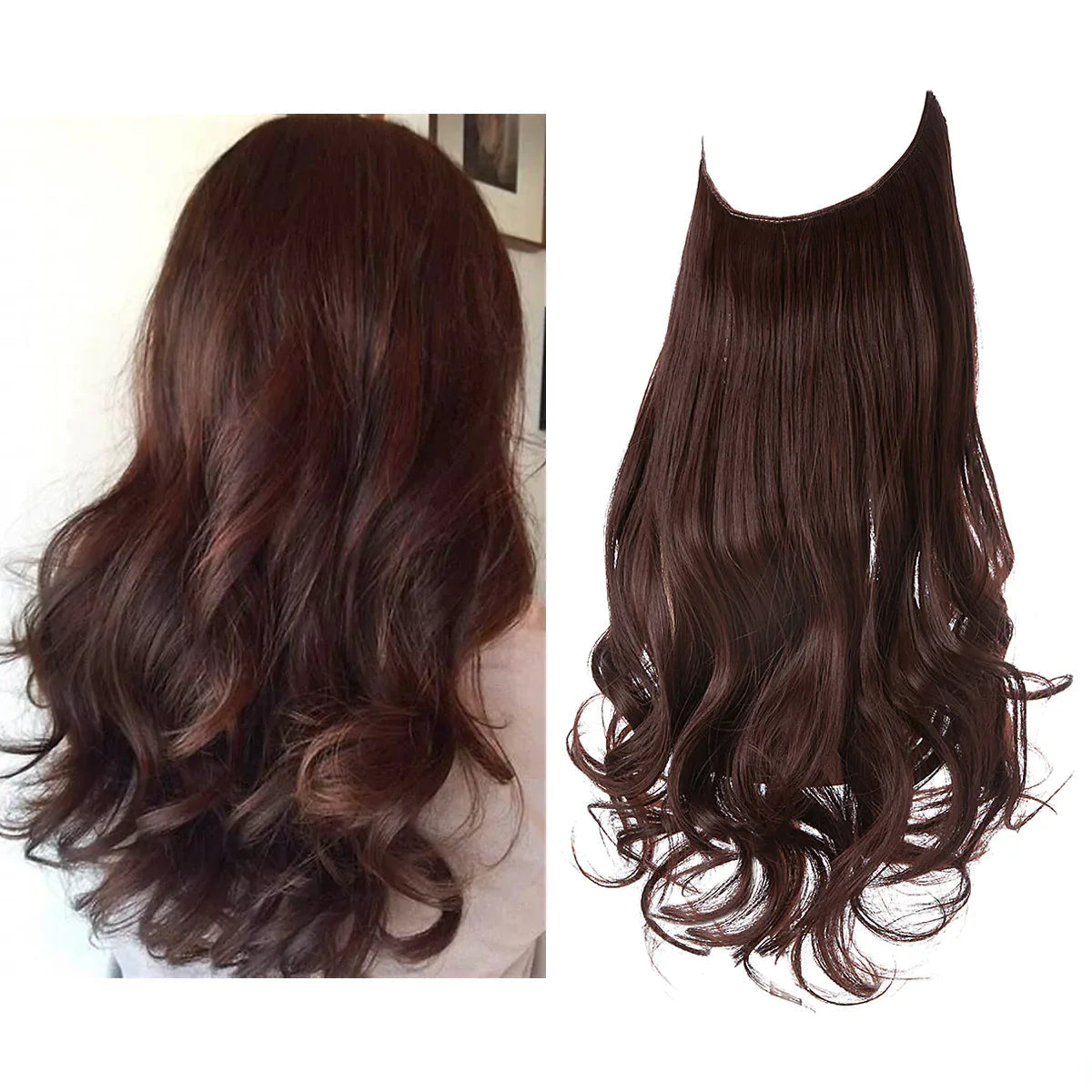 Donkerbruine golvende halo hair extensie naast foto van gedragen kapsel | Boutique Moda