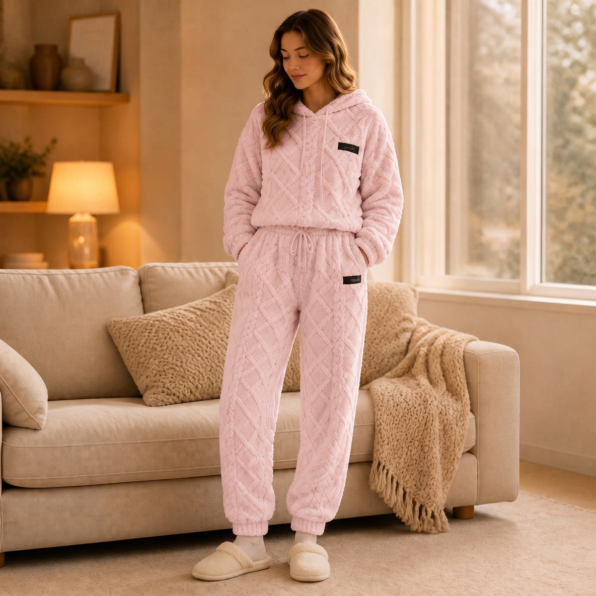 Joggingpak met 3D-ruitpatroon in roze, ten voeten uit, vooraanzicht