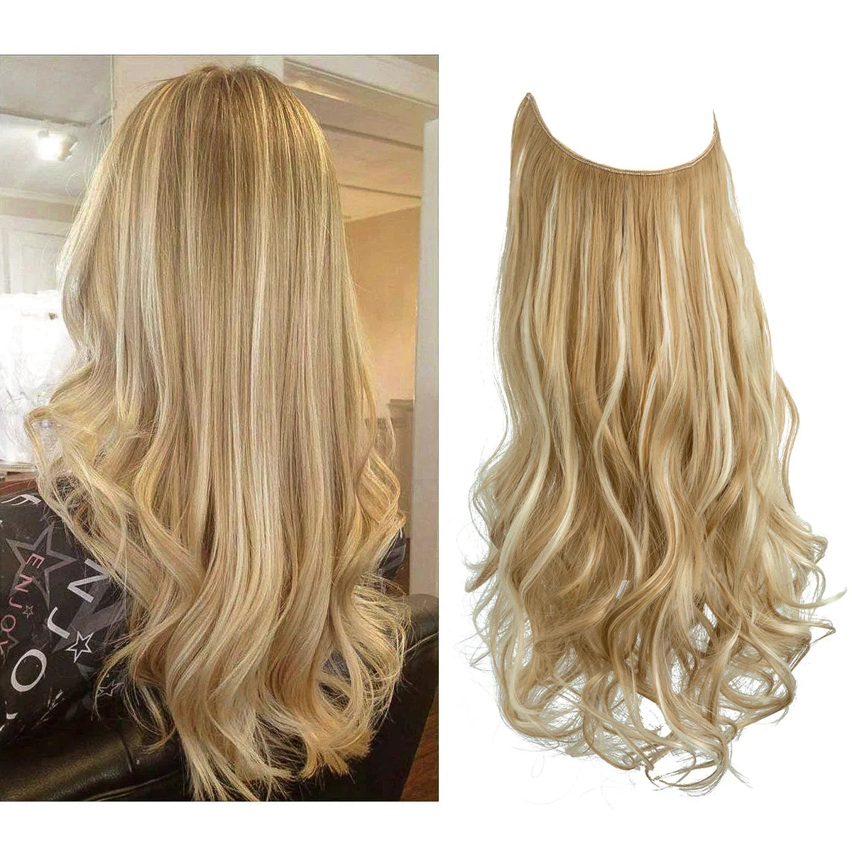 Halo hairextensions blond met highlights, golvend, los model en gedragen | Boutique Moda