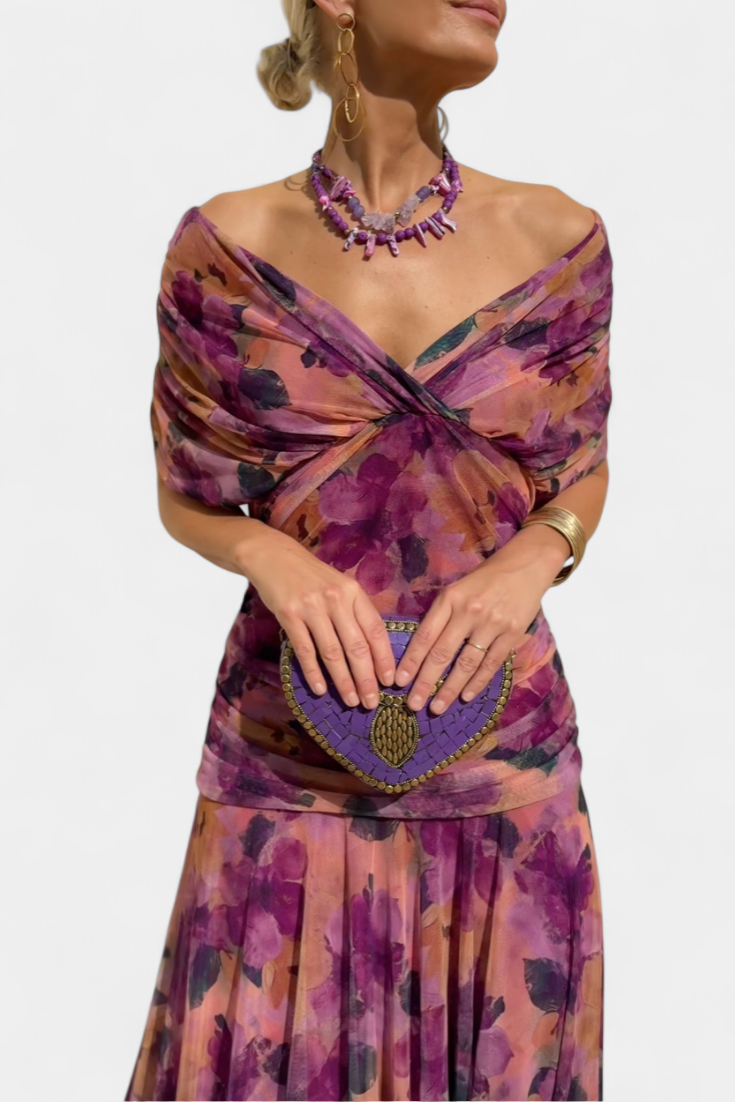 Maxi Jurk Dames | Bloemenprint | Off Shoulder | Gedrapeerde Taille-Boutique Moda