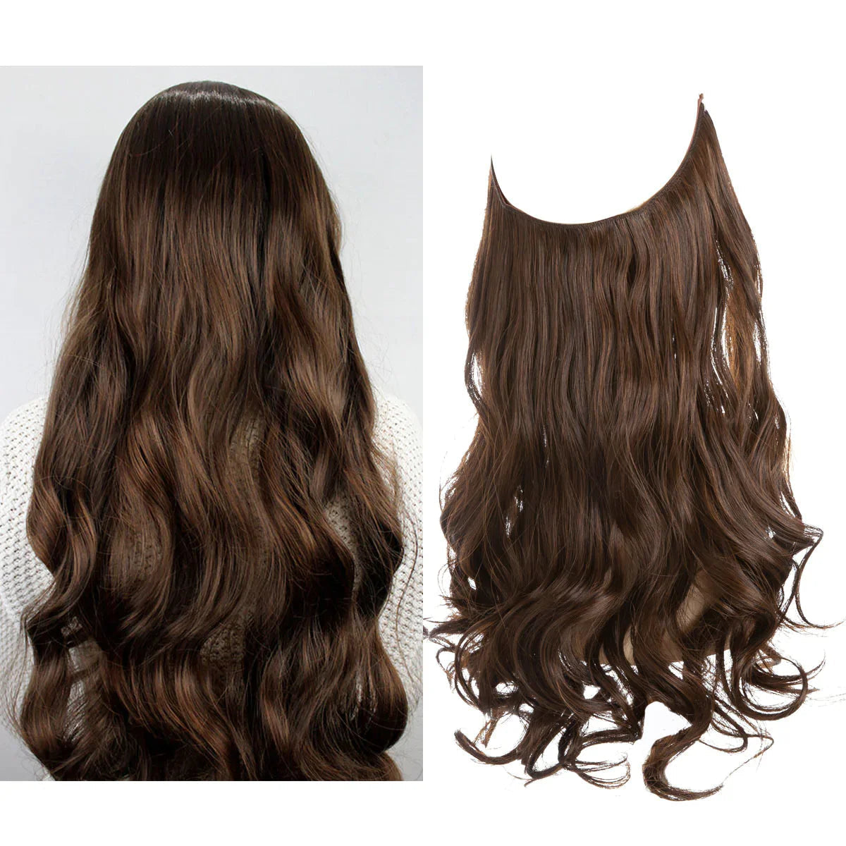 Golvende bruine haar extensions, halo model, gedragen door vrouw en los liggend getoond | Boutique Moda