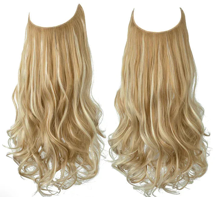 Golvende blonde halo hair extensions, twee vergelijkbare stijlen naast elkaar getoond | Boutique Moda