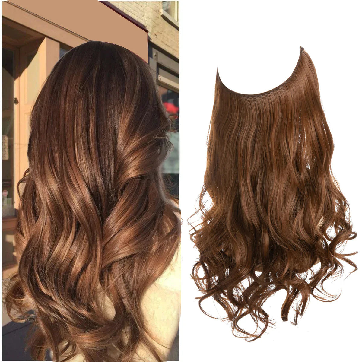 Golvende bruine halo hairextensions naast model met vergelijkbaar bruin haar | Boutique Moda