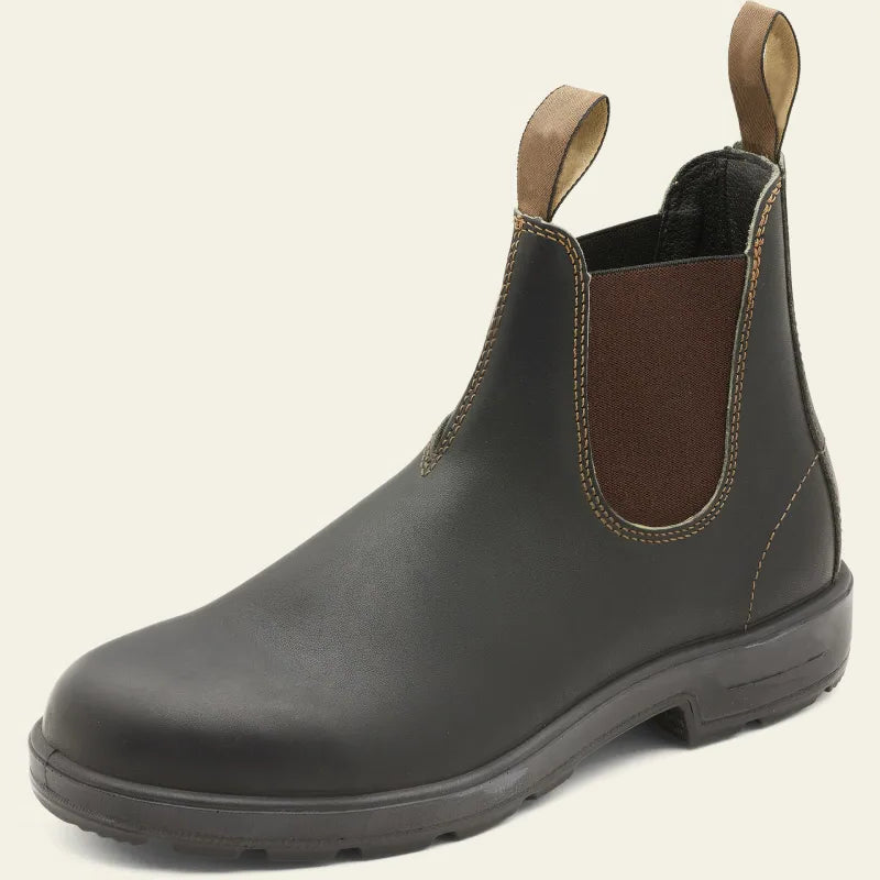 A side three-quarter view of a dark brown leather Chelsea boot with elastic side panel and pull tabs.