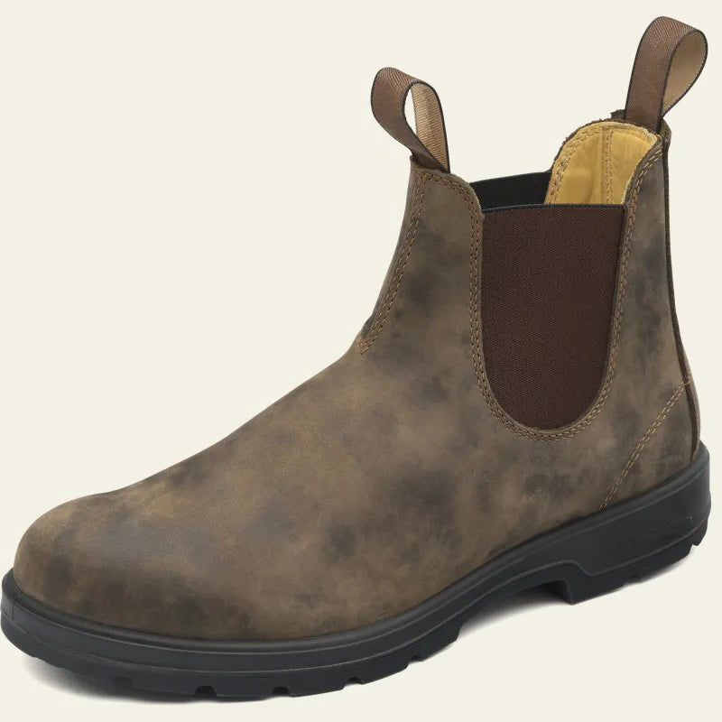 A brown distressed leather Chelsea boot with dark elastic side panels and pull tabs, shown on a plain background.
