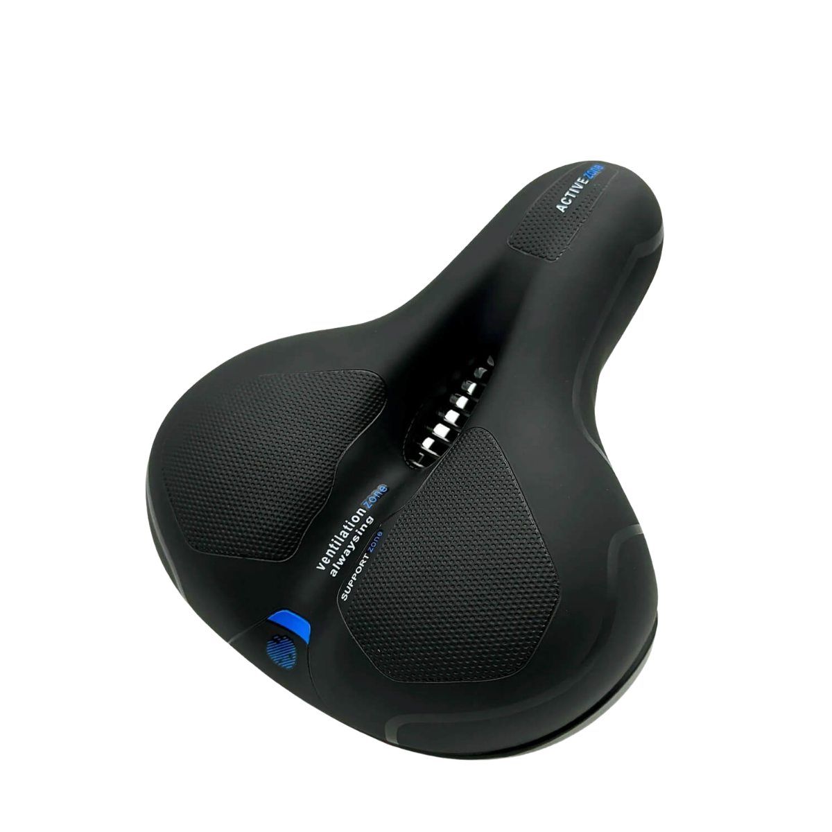Zwart fietszadel met ventilatiegleuf en blauwe details, vrijstaand fotografeerd | Boutique Moda