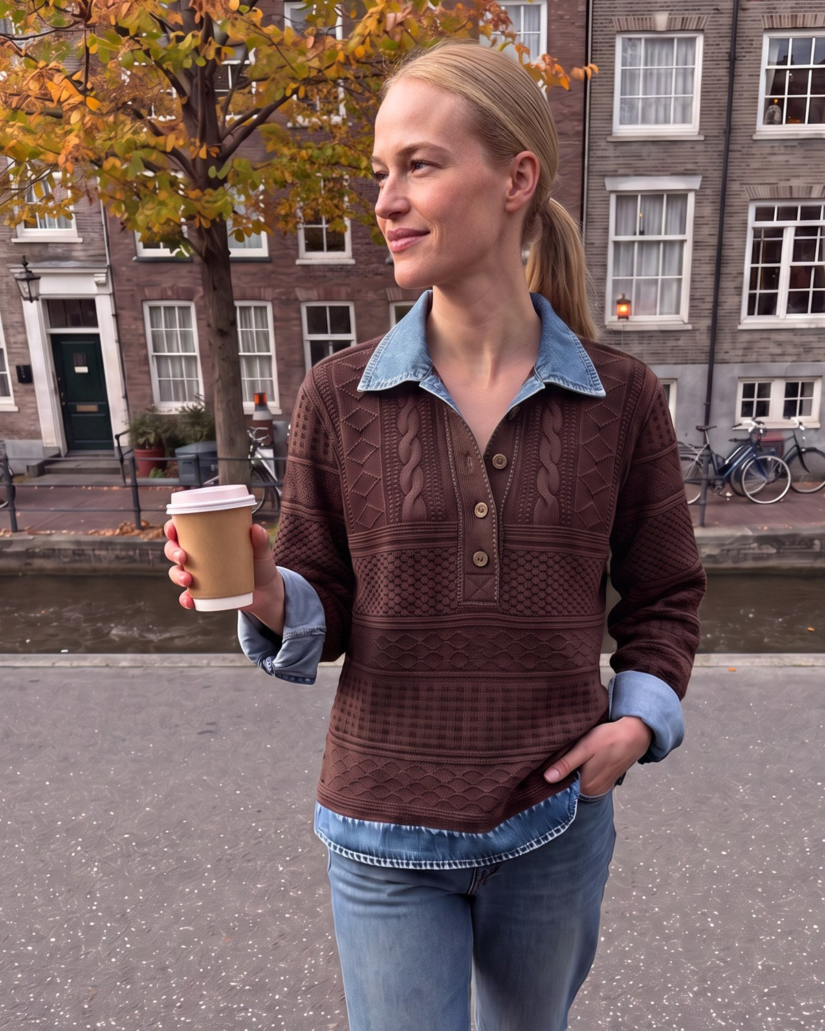 Oversized trui met knoopsluiting in chocoladebruin, gedragen aan een Amsterdamse gracht
