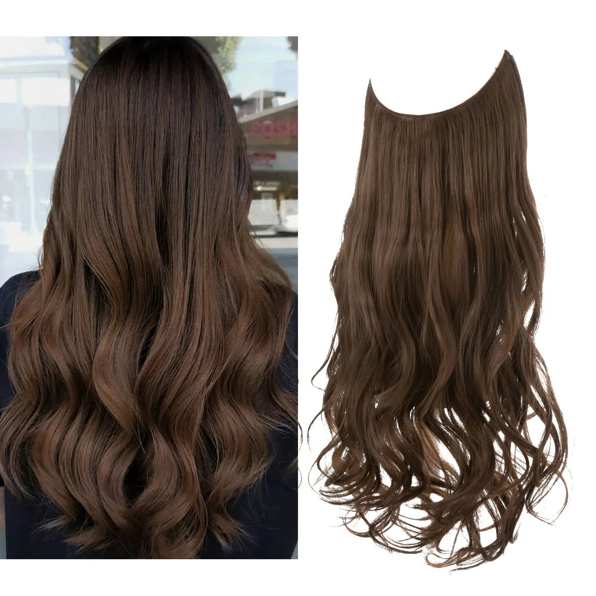 Bruine golvende halo hairextensions, los liggend en gedragen door vrouw met golvend haar | Boutique Moda