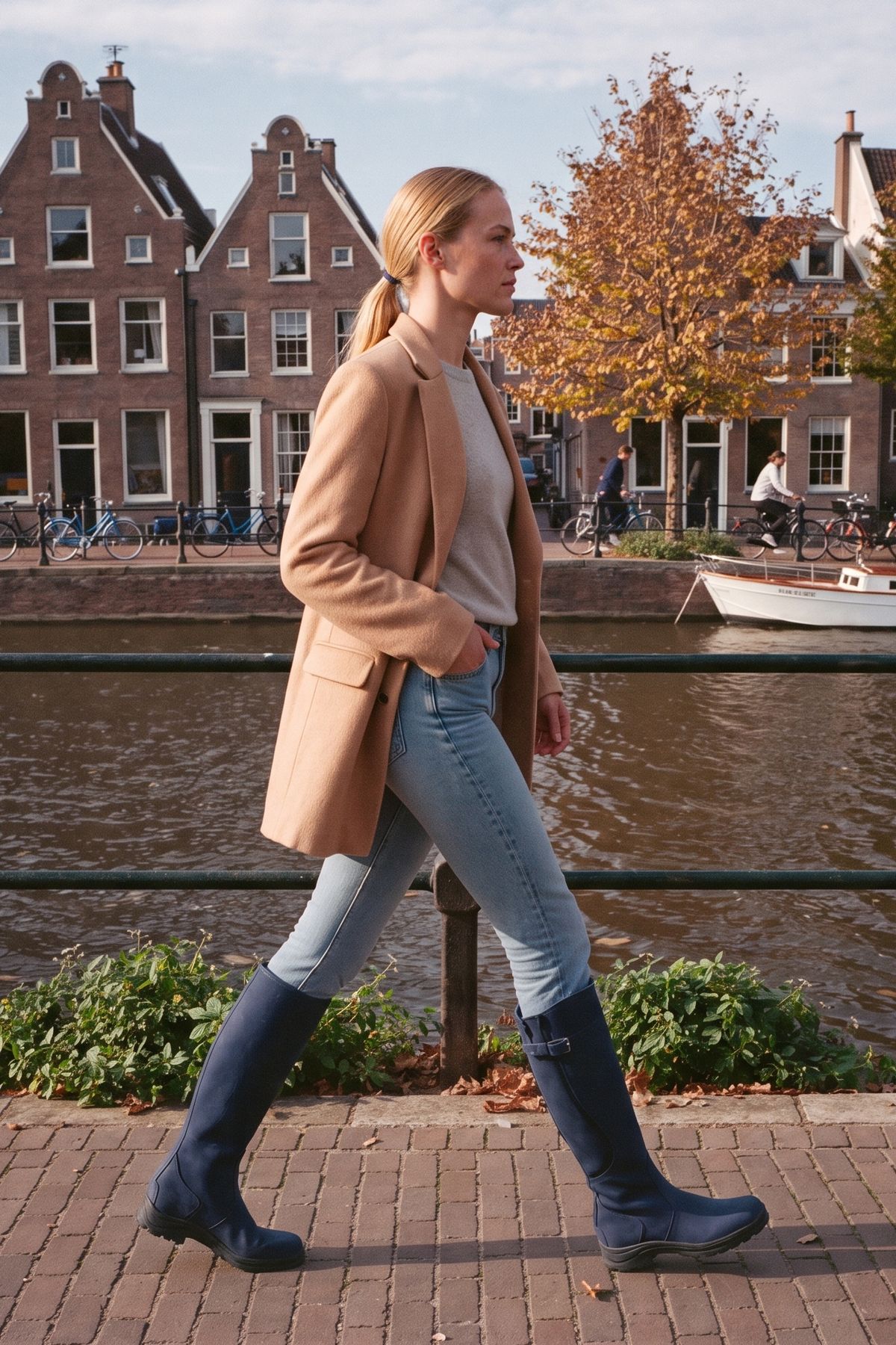 Kniehoge regenlaarzen met gespbandje in marineblauw, gedragen langs een Amsterdamse gracht