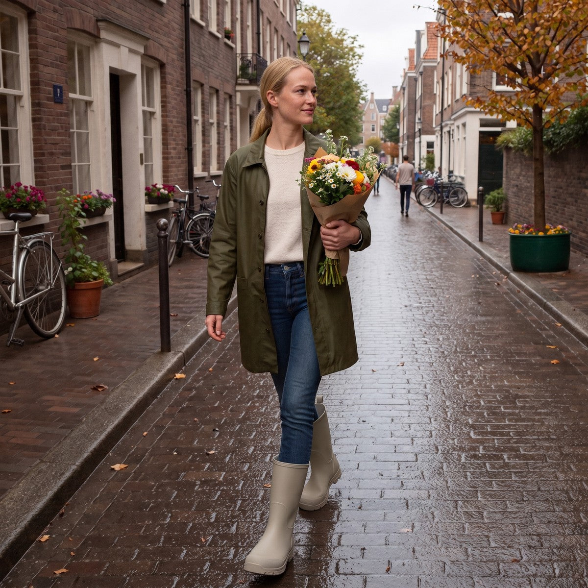 Halfhoge rubberen regenlaarzen in beige, gedragen in een Amsterdamse straat
