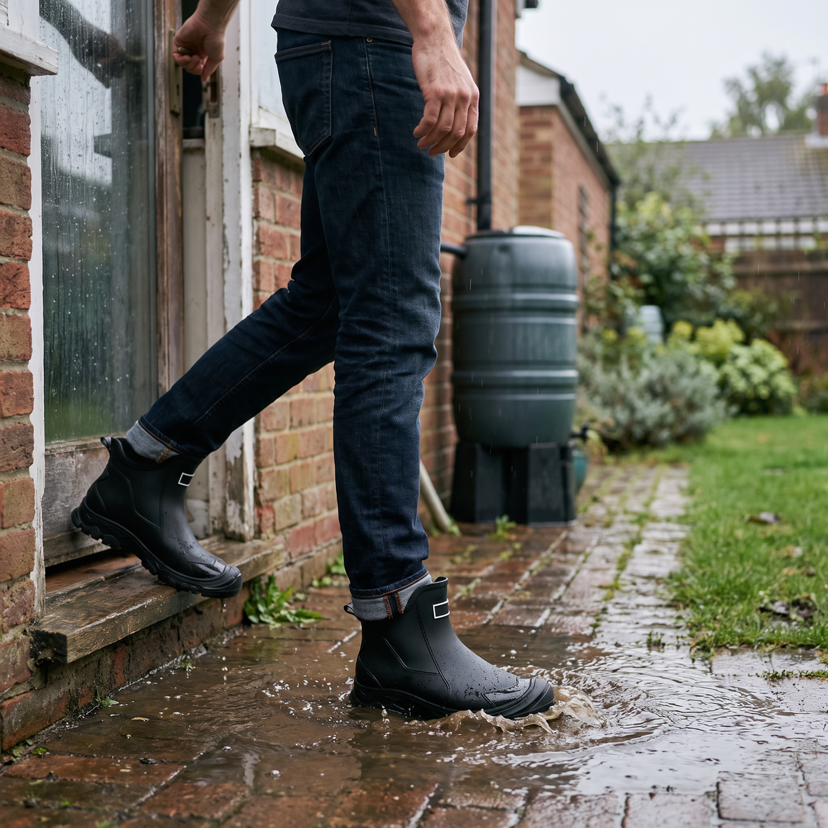 A man wearing black ankle rain boots steps through a puddle outside a brick house in the rain.