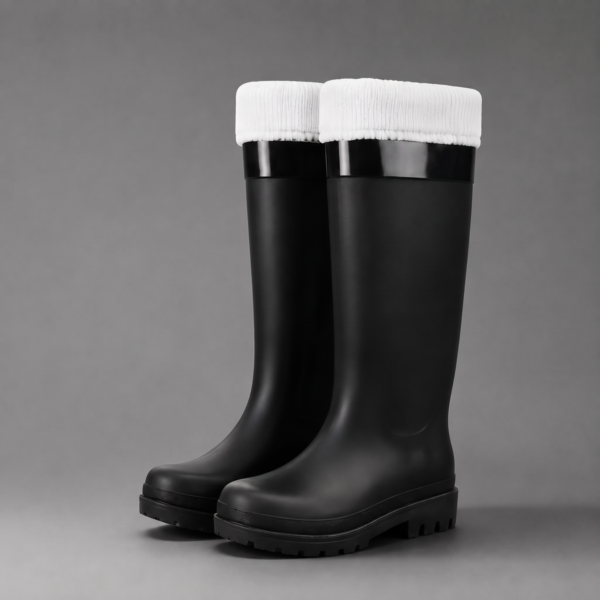 Zwarte hoge regenlaarzen met witte fleece rand, losstaand op grijze achtergrond | Boutique Moda