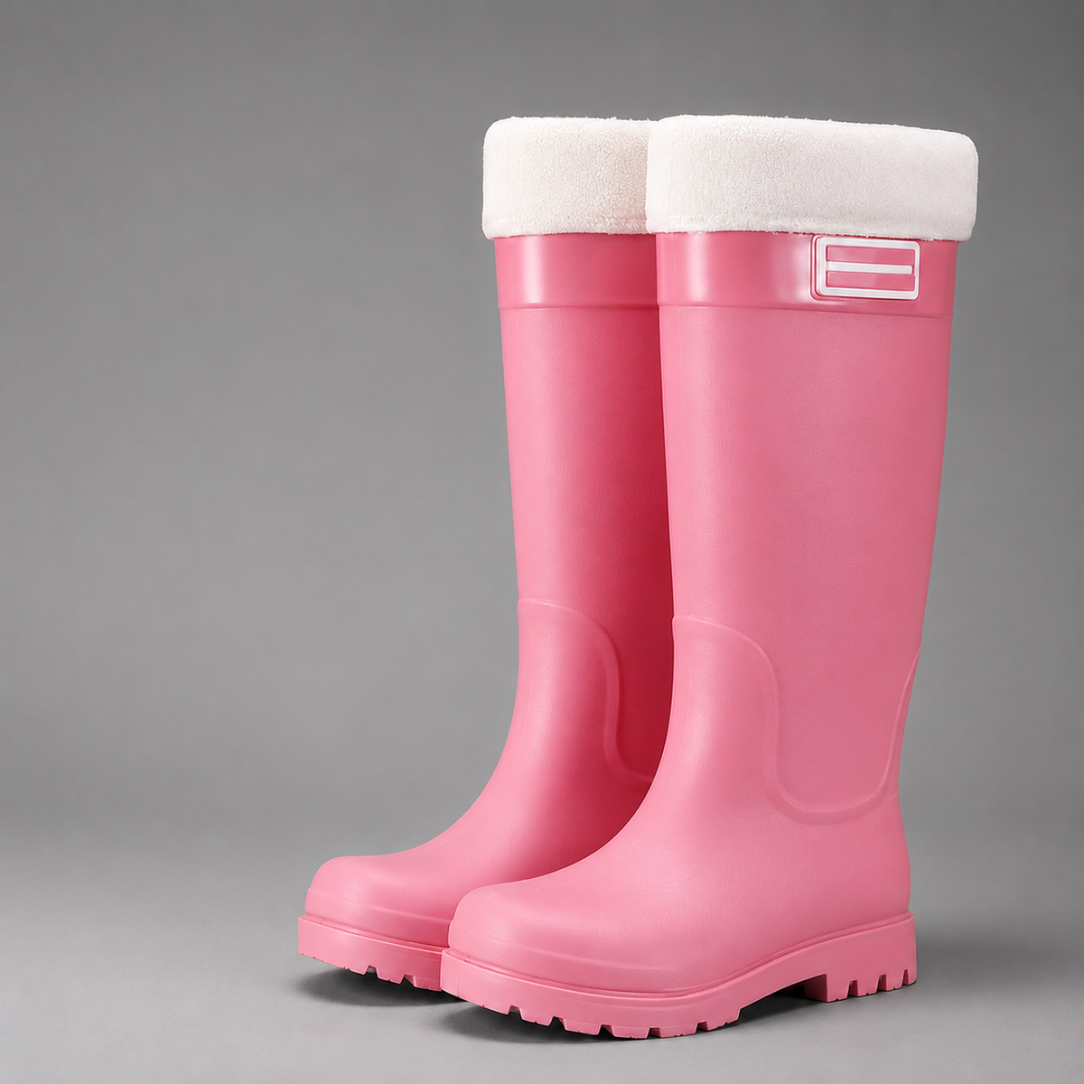Roze regenlaarzen met fleecevoering, hoge schacht, vrijstaand getoond op grijze achtergrond | Boutique Moda
