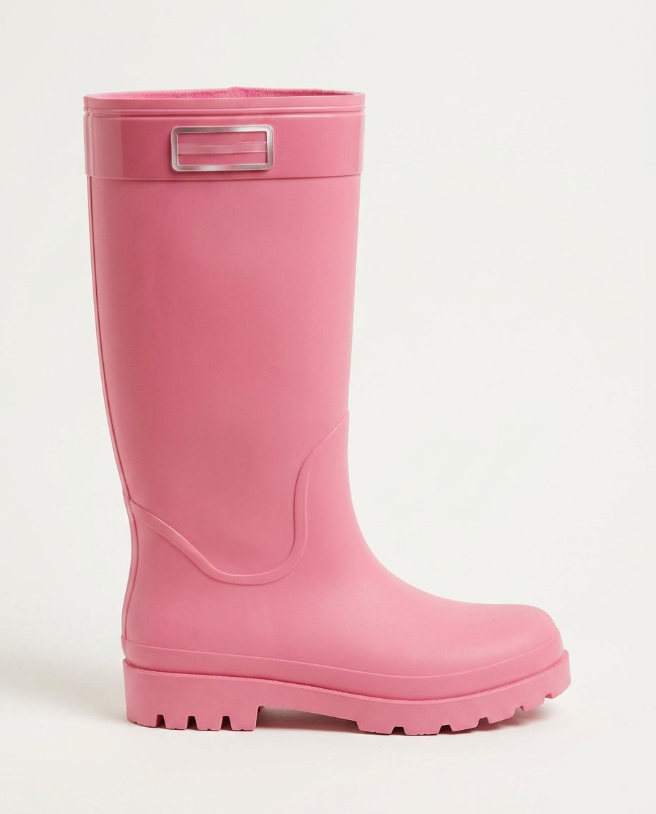 Roze regenlaars met hoge schacht en metalen trekgreep, vrijstaand | Boutique Moda