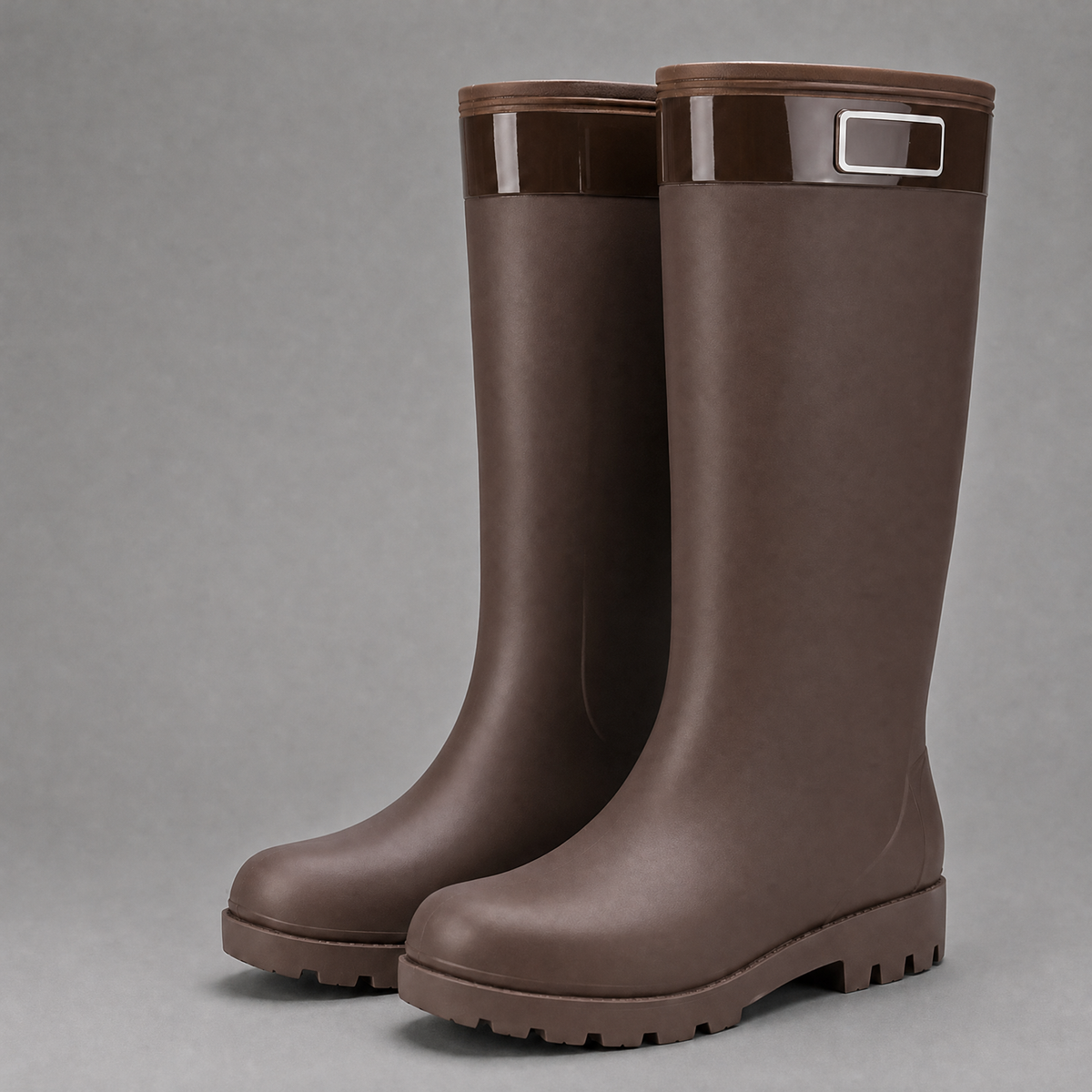 Bruine hoge regenlaarzen met profielzool, vrijstaand getoond zonder model | Boutique Moda