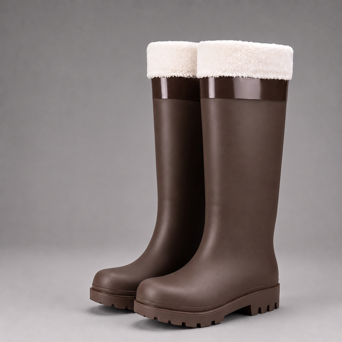 Bruine hoge regenlaarzen met witte fleecevoering, vrijstaand zonder model | Boutique Moda