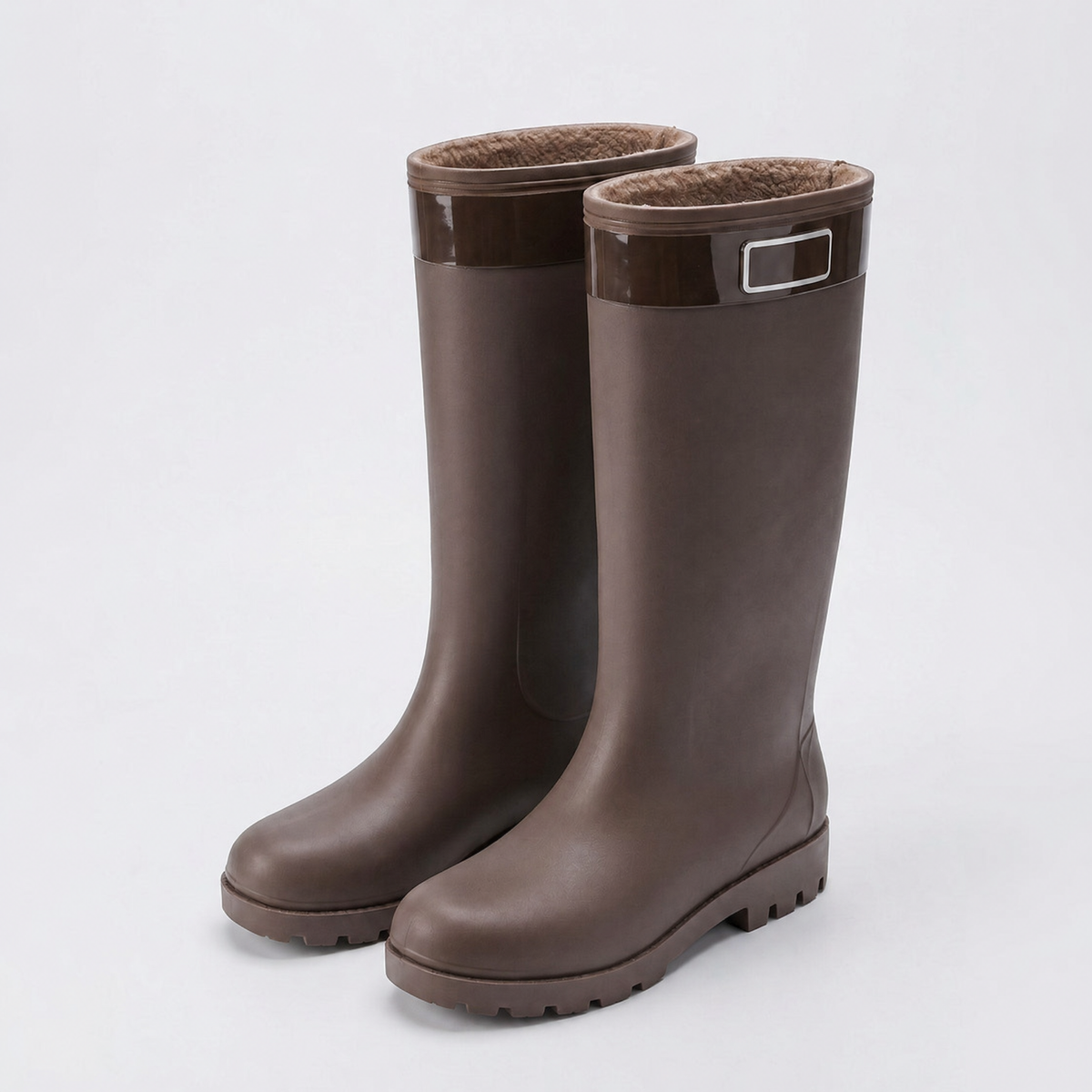 Bruine hoge regenlaarzen met fleecevoering, vrijstaand, effen kleur, geen persoon | Boutique Moda