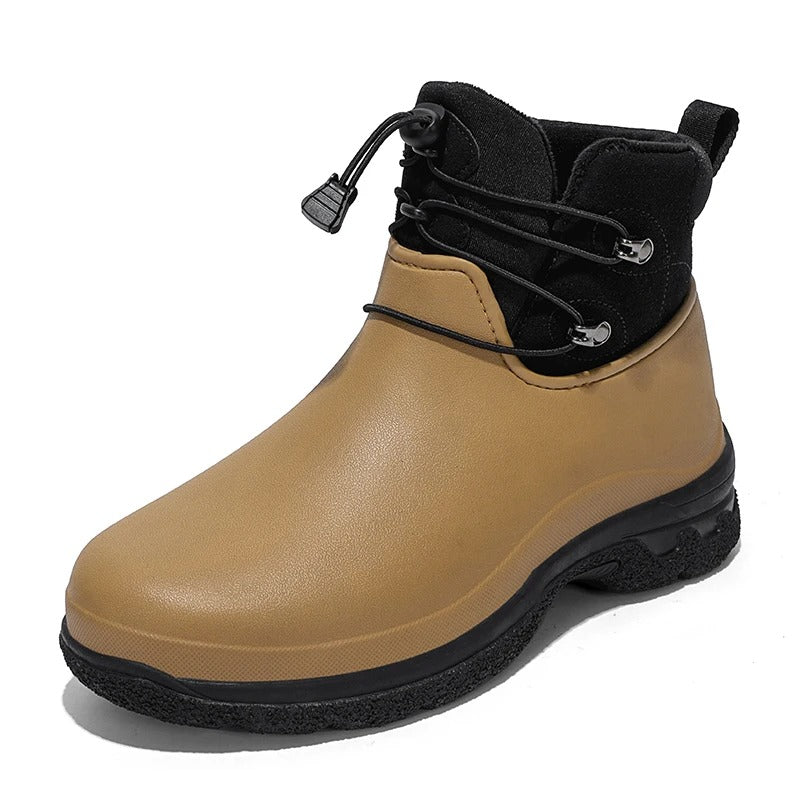 Kaki enkellaars met zwarte details en elastische veters, vrijstaand | Boutique Moda