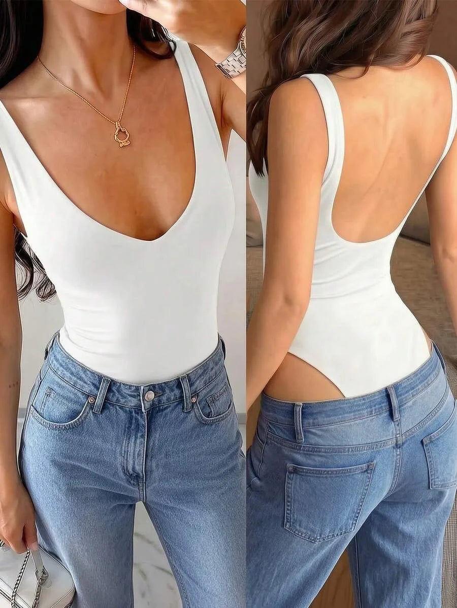 A woman wears a white sleeveless bodysuit with a deep V neckline shown from front and back paired with blue jeans.