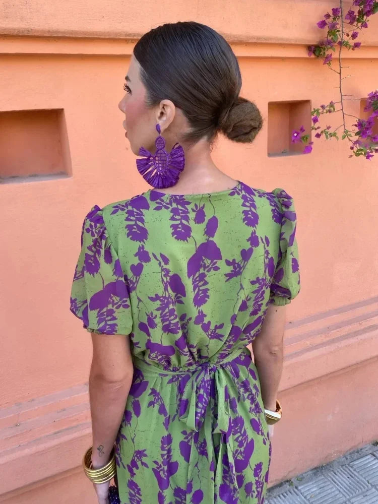 Bloemen Midi-jurk Dames – V-hals, Pofmouwen en Strikceintuur-Boutique Moda