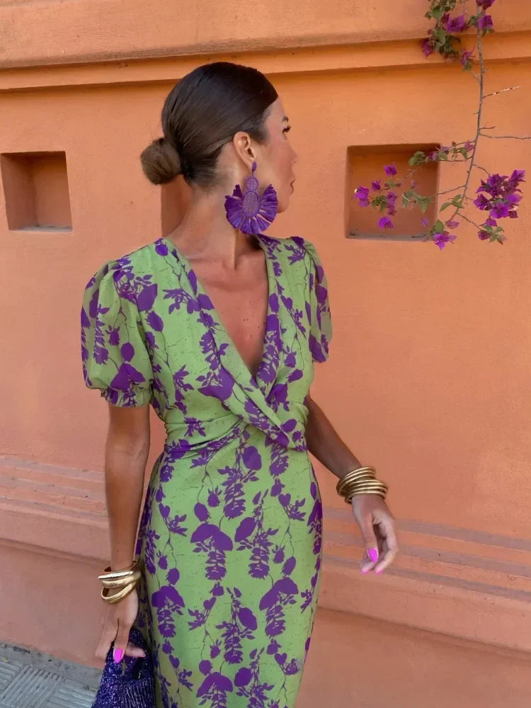 Bloemen Midi-jurk Dames – V-hals, Pofmouwen en Strikceintuur-Boutique Moda