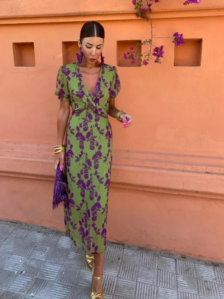 Bloemen Midi-jurk Dames – V-hals, Pofmouwen en Strikceintuur-Boutique Moda