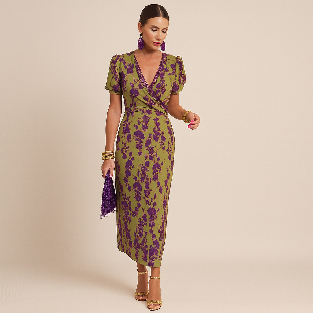 Bloemen Midi-jurk Dames – V-hals, Pofmouwen en Strikceintuur-Boutique Moda