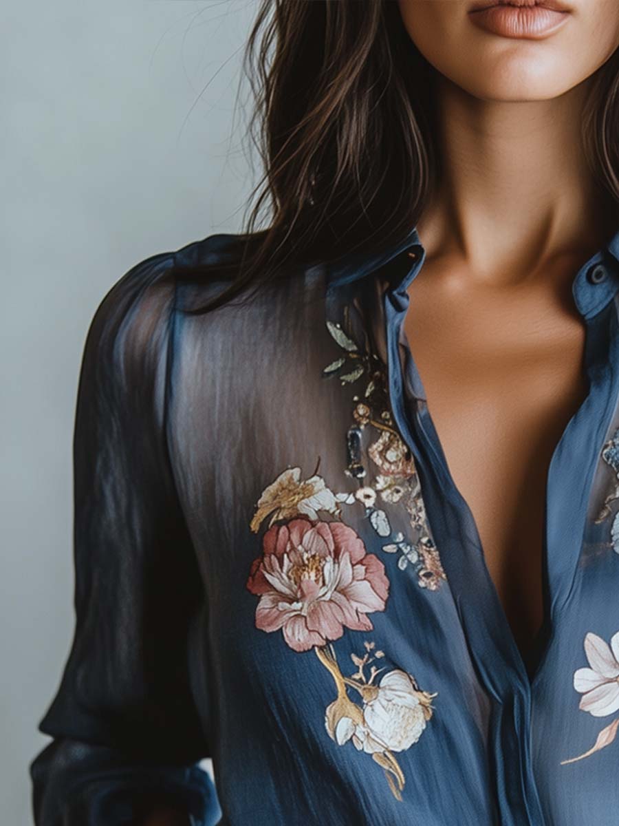 Bloemenblouse | Blauw | Damesblouse met knoopsluiting-Boutique Moda