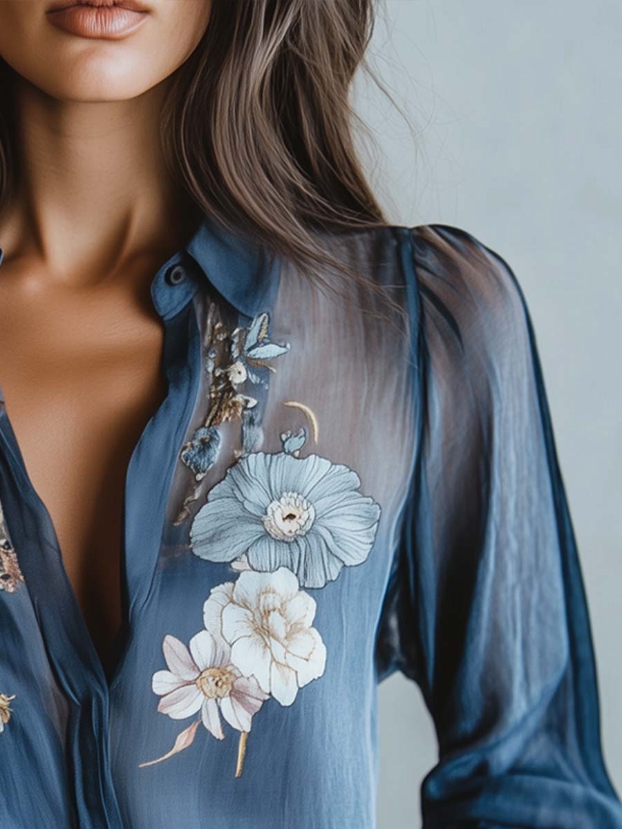 Bloemenblouse | Blauw | Damesblouse met knoopsluiting-Boutique Moda