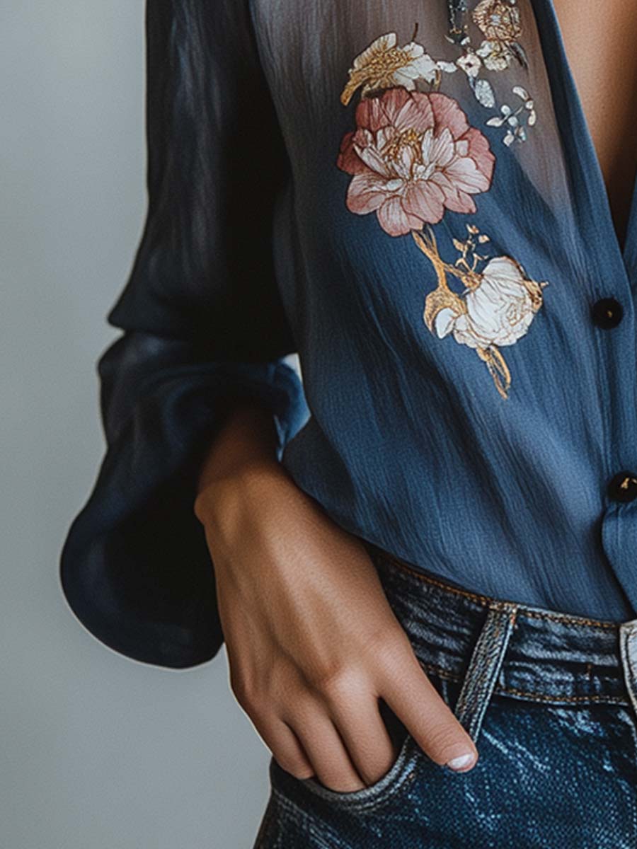 Bloemenblouse | Blauw | Damesblouse met knoopsluiting-Boutique Moda