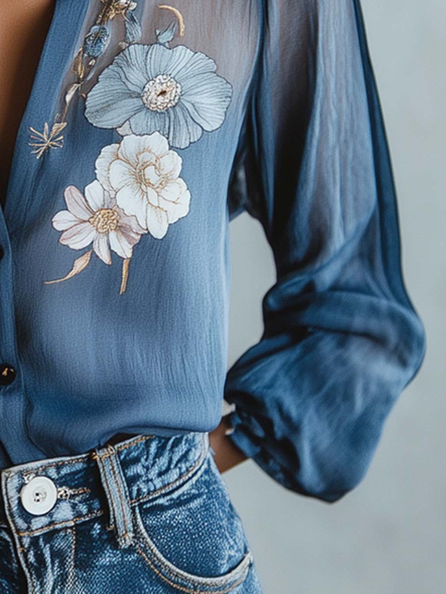 Bloemenblouse | Blauw | Damesblouse met knoopsluiting-Boutique Moda