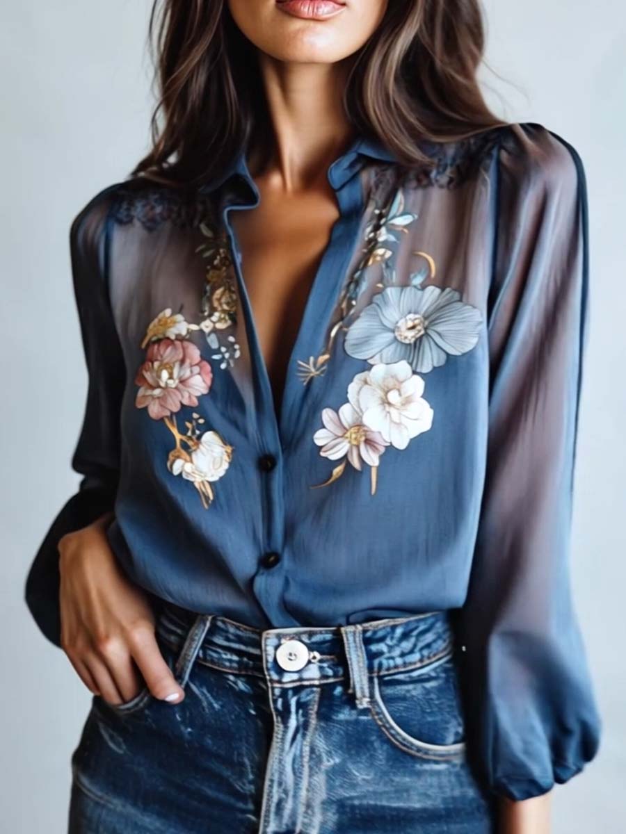 Bloemenblouse | Blauw | Damesblouse met knoopsluiting-Boutique Moda