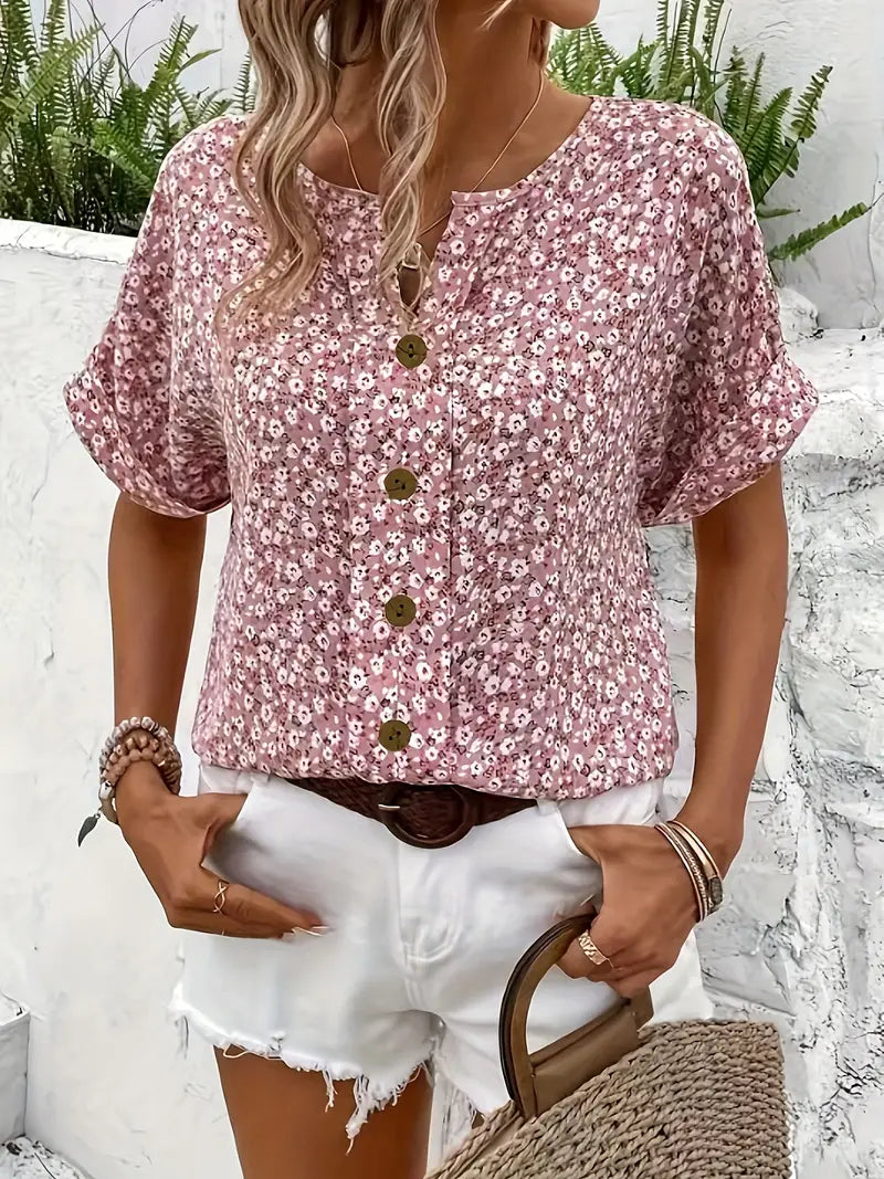 Bloemenblouse – Roze zomerbluze met knoopjes voor dames-Boutique Moda