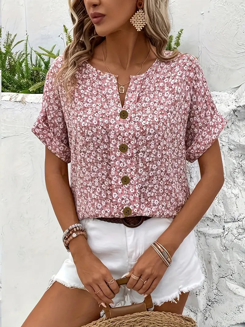 Bloemenblouse – Roze zomerbluze met knoopjes voor dames-Boutique Moda