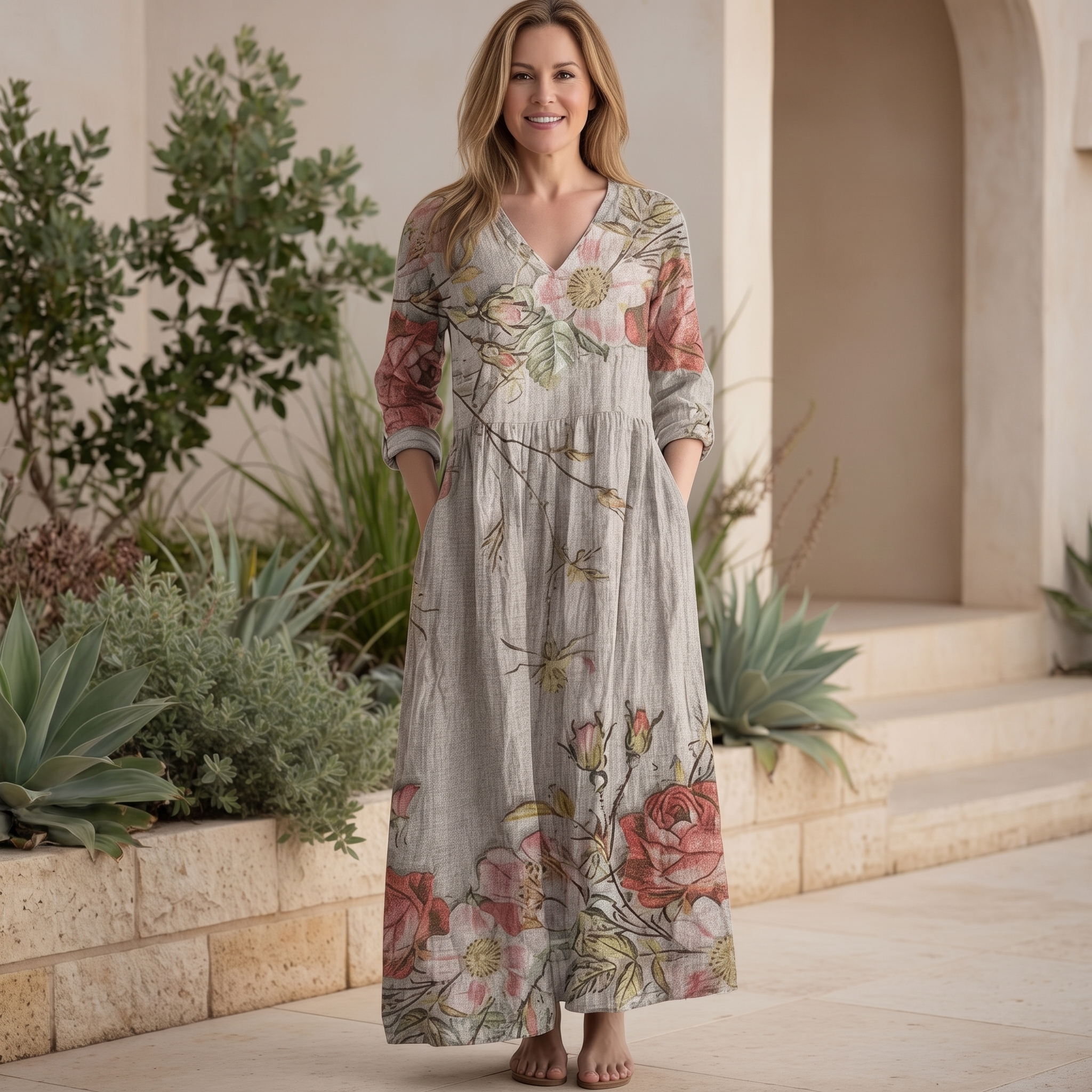Bloemenjurk Dames – Losse Maxi-jurk met Lange Mouwen en Zakken-Boutique Moda
