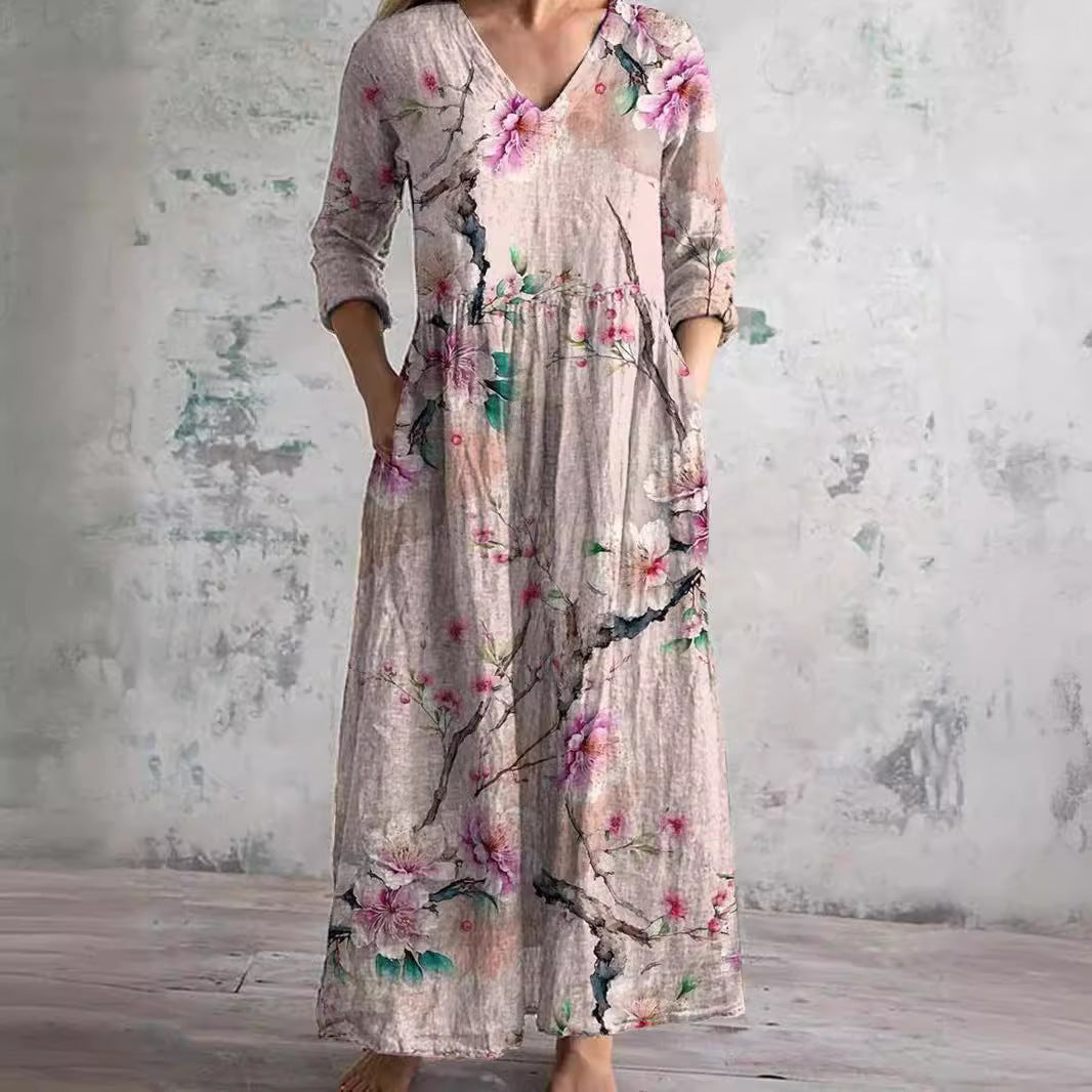 Bloemenjurk Dames – Losse Maxi-jurk met Lange Mouwen en Zakken-Boutique Moda
